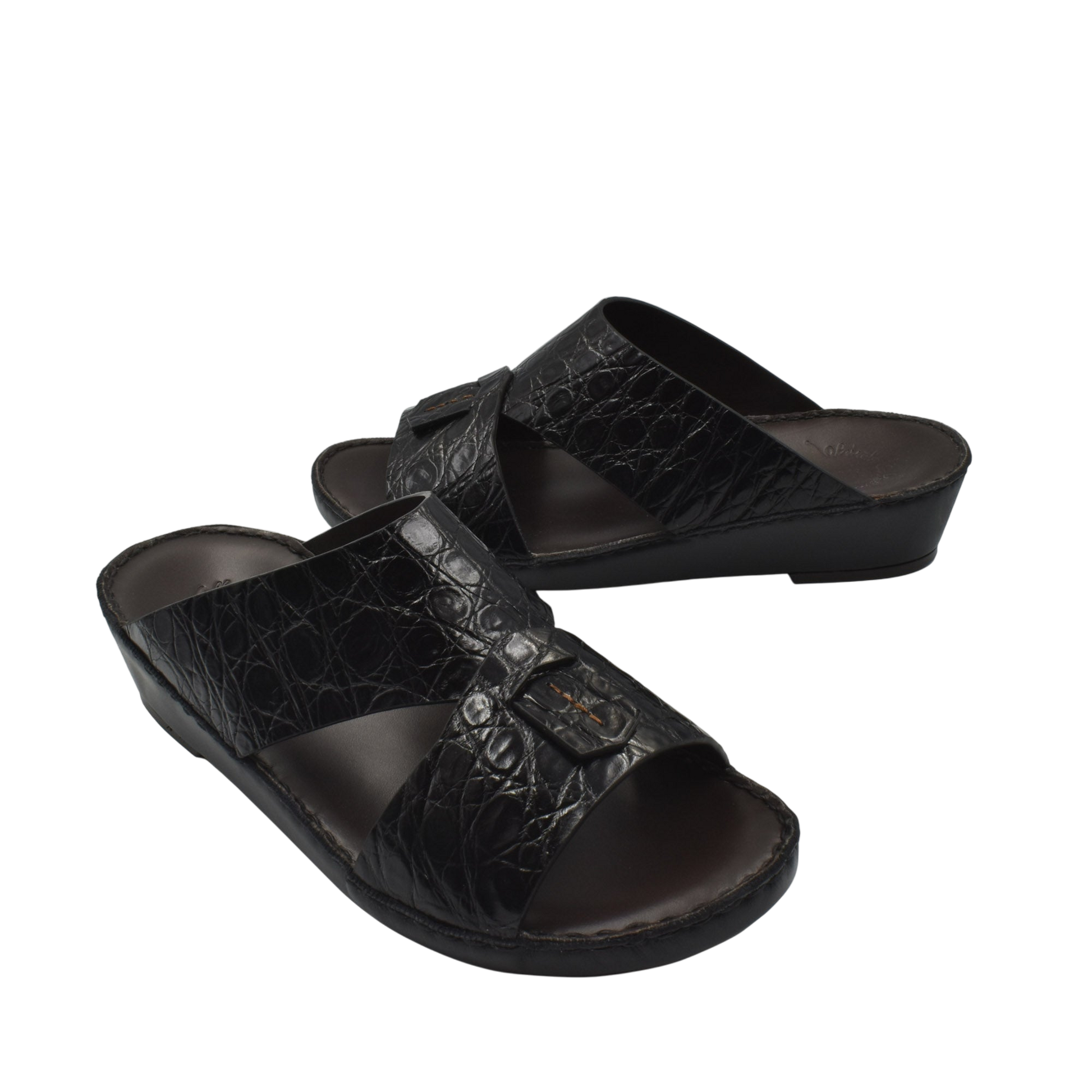 Black crocodile sandals for men with adjustable straps and cushioned soles from Private Collection