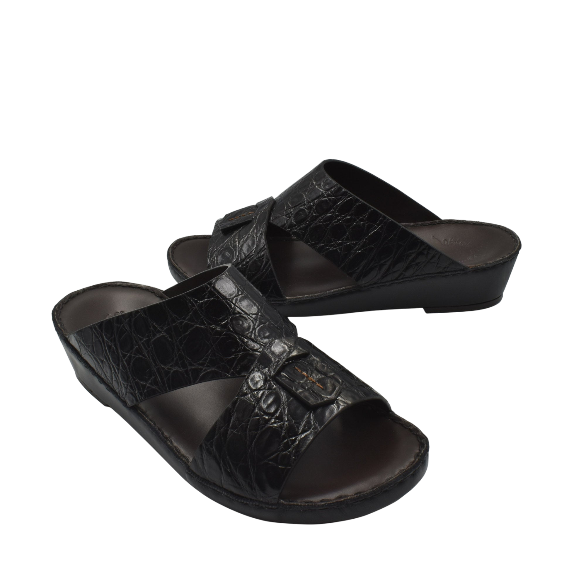 Black crocodile sandals for men with adjustable straps and cushioned soles from Private Collection