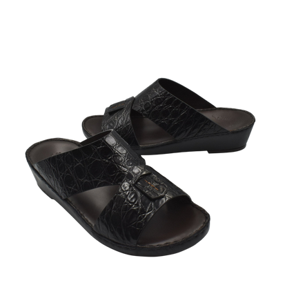 Black crocodile sandals for men with adjustable straps and cushioned soles from Private Collection