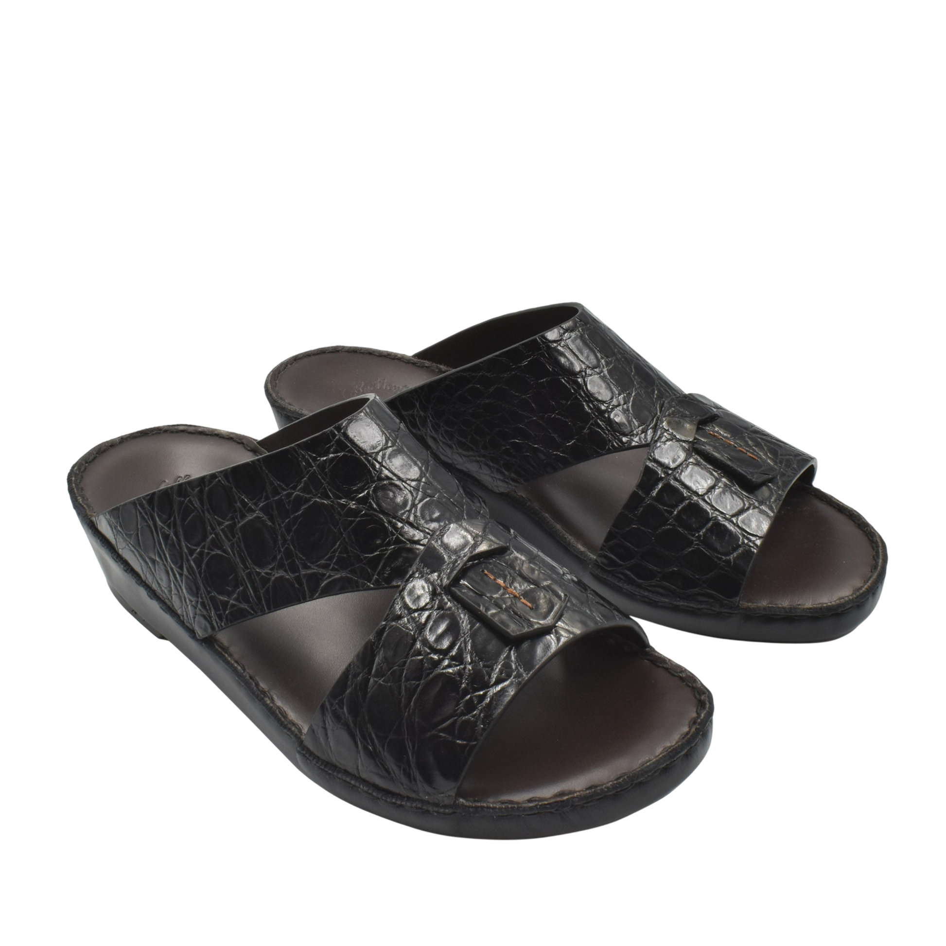 Black crocodile sandals for men with open toe design and adjustable strap by Private Collection