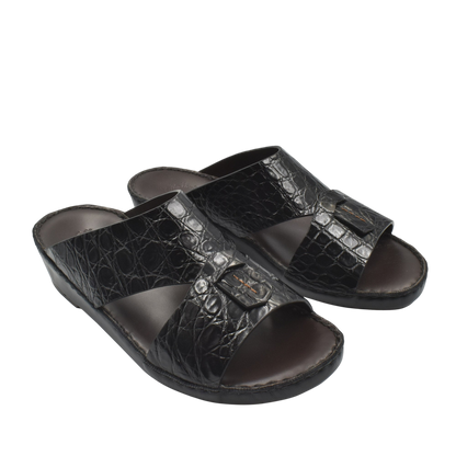 Black crocodile sandals for men with open toe design and adjustable strap by Private Collection