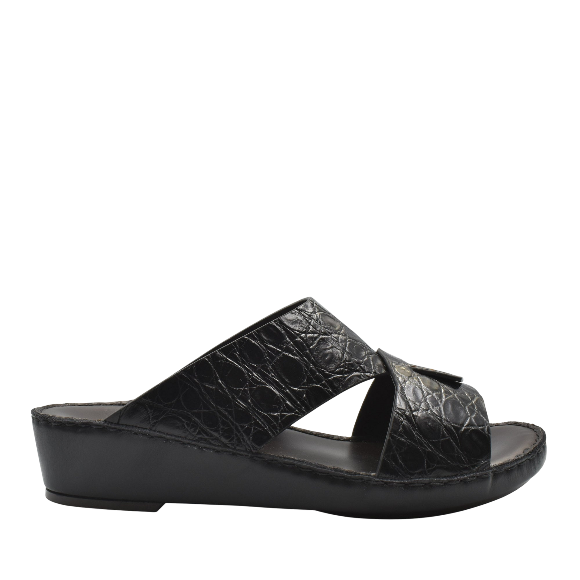 Black crocodile sandals for men with a wedge sole and open toe design from Private Collection