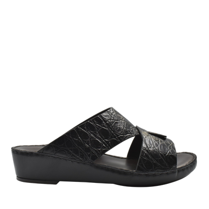 Black crocodile sandals for men with a wedge sole and open toe design from Private Collection
