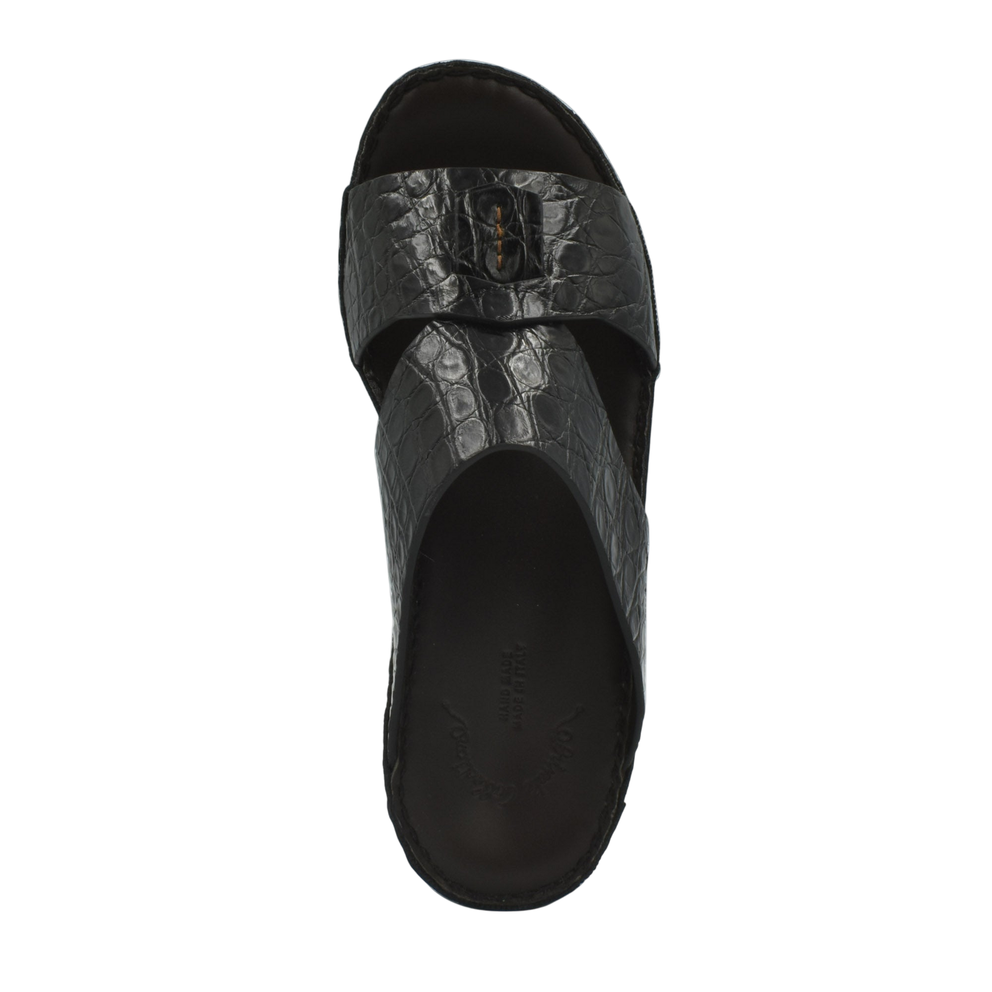Private Collection black crocodile sandals for men with wide straps and textured leather design
