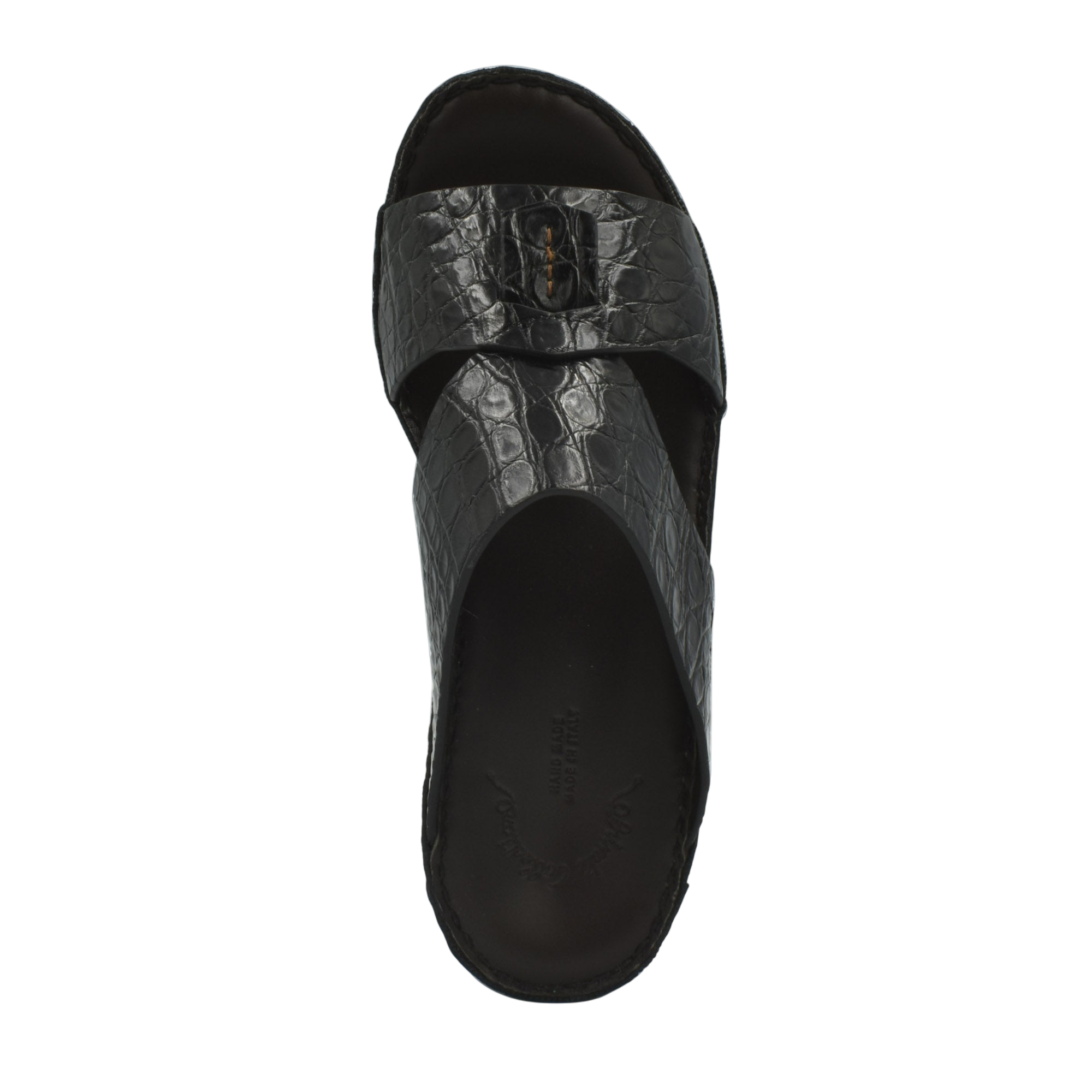 Private Collection black crocodile sandals for men with wide straps and textured leather design