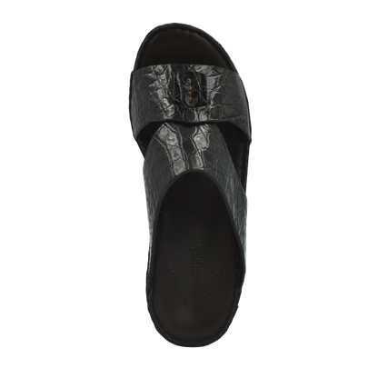 Private Collection black crocodile sandals for men with wide straps and textured leather design