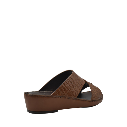 Brown crocodile sandals for men with textured leather upper and comfortable wedge sole