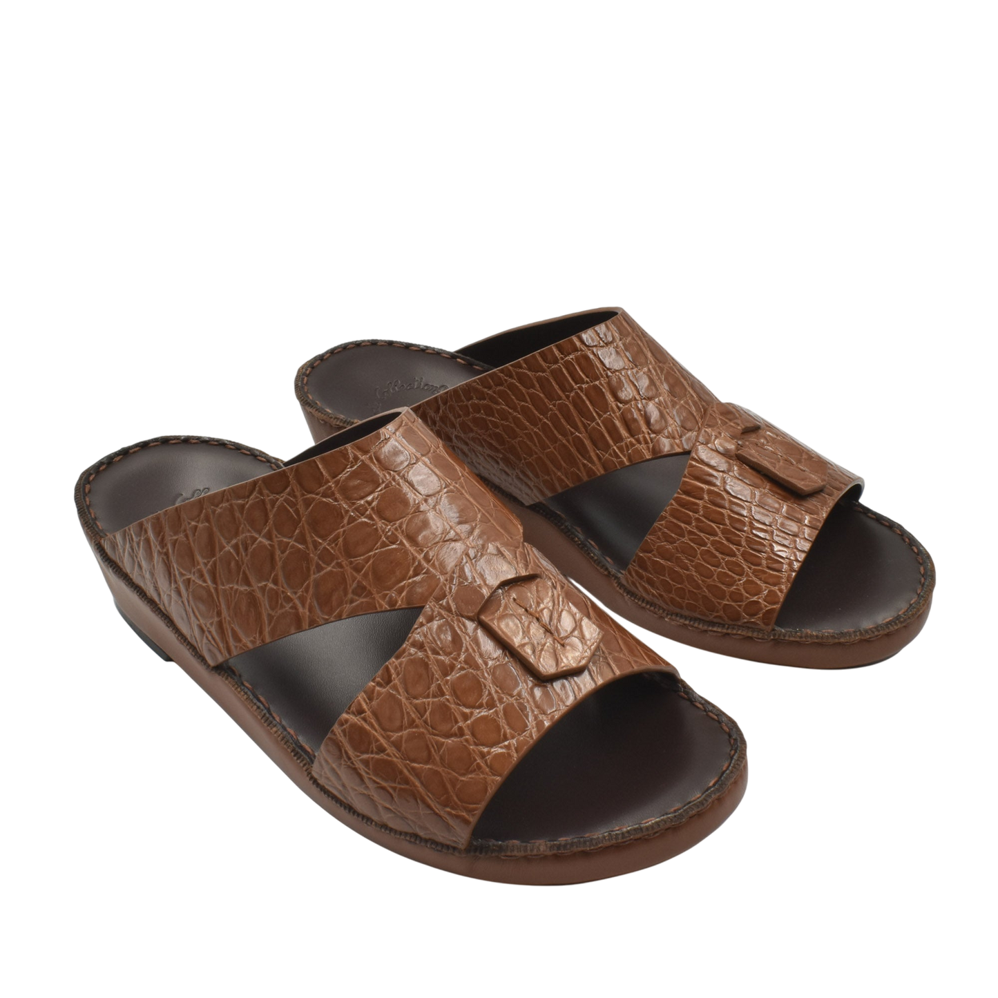 Private Collection brown crocodile sandals for men with open toe and textured leather upper