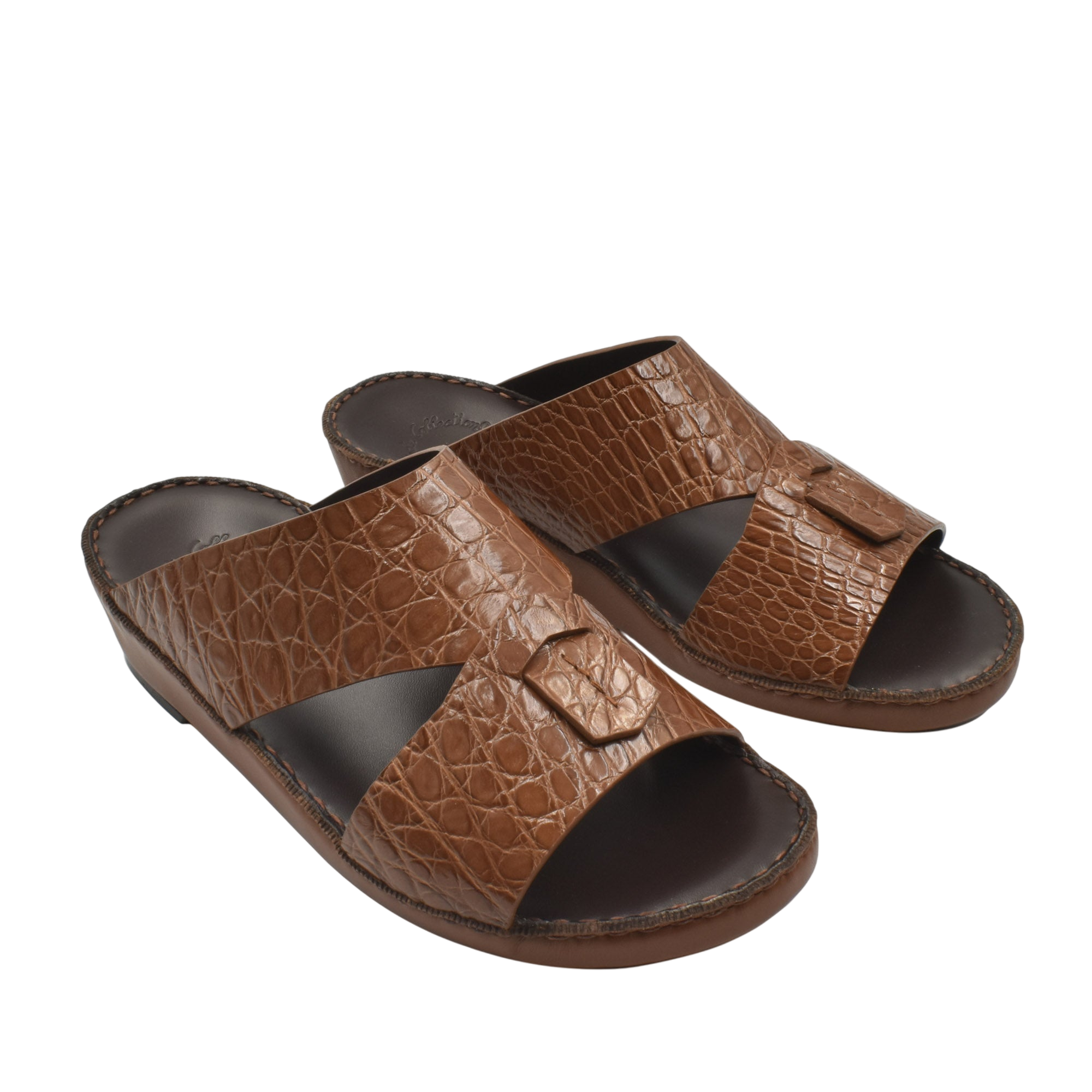 Private Collection brown crocodile sandals for men with open toe and textured leather upper