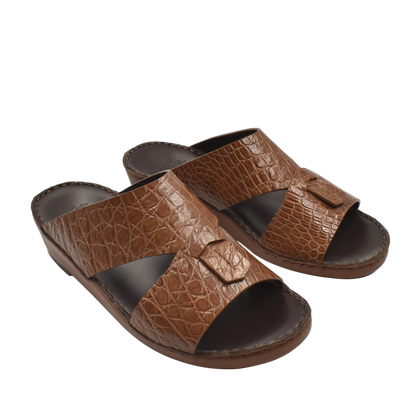 Private Collection brown crocodile sandals for men with open toe and textured leather upper