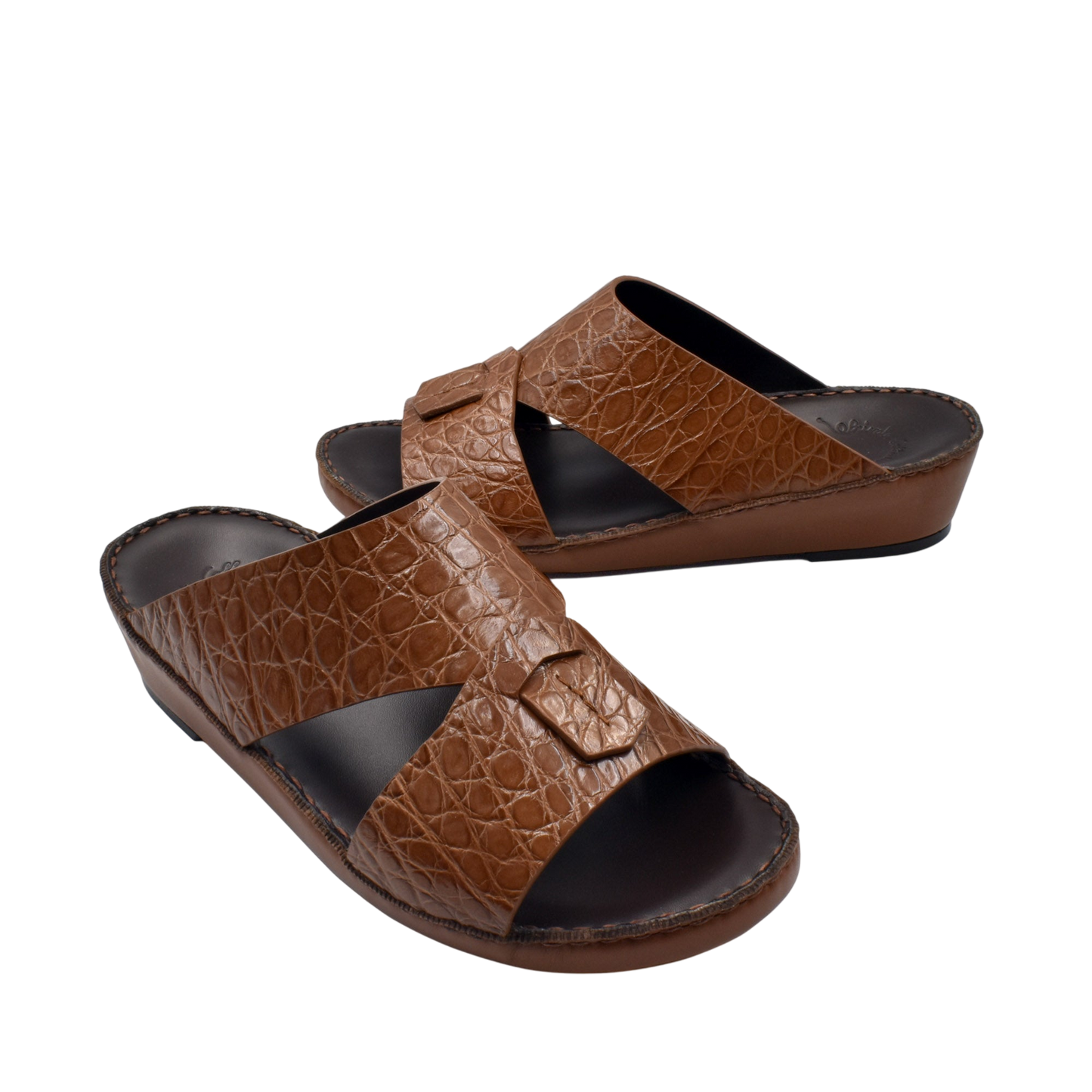 Private Collection brown crocodile sandals for men with textured leather and open toe design