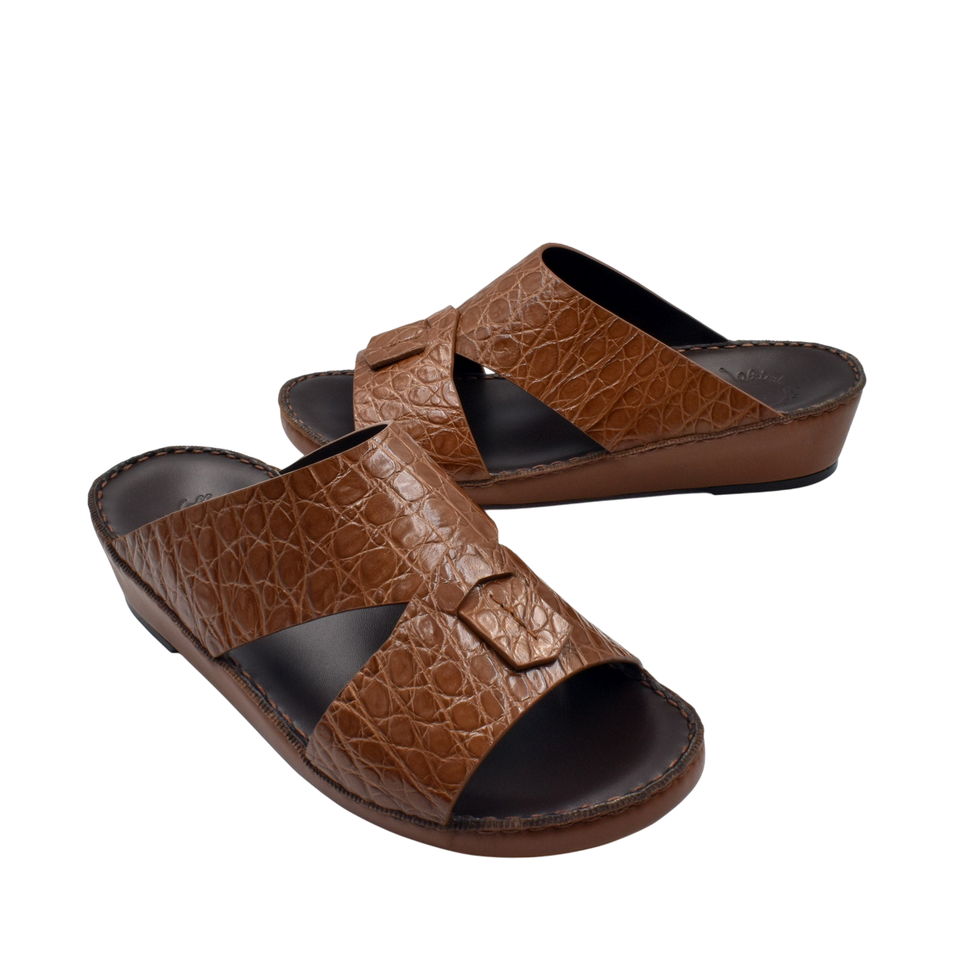 Private Collection brown crocodile sandals for men with textured leather and open toe design