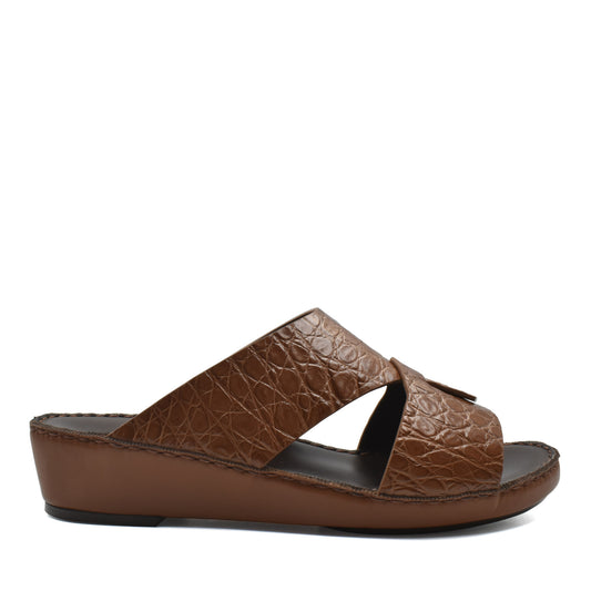 Private Collection brown crocodile sandals for men with textured leather and wedge sole