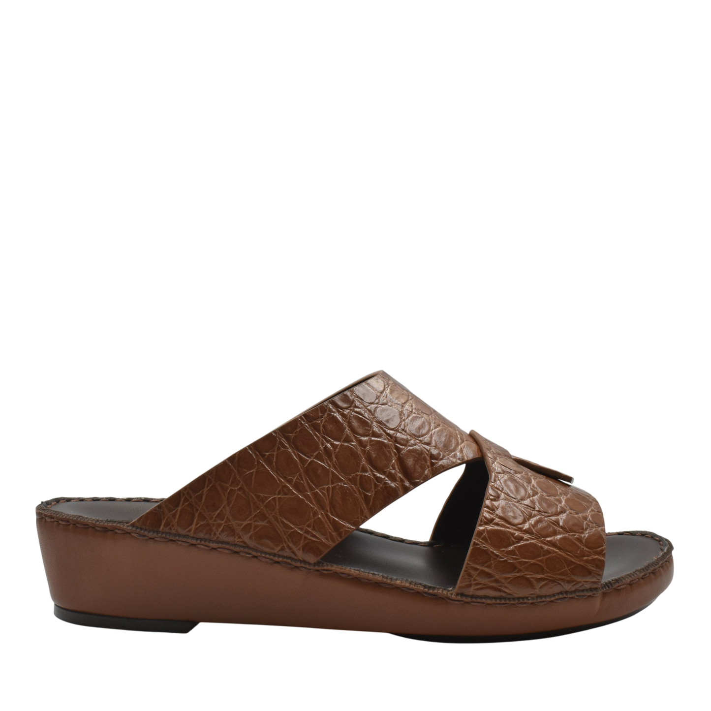 Private Collection brown crocodile sandals for men with textured leather and wedge sole