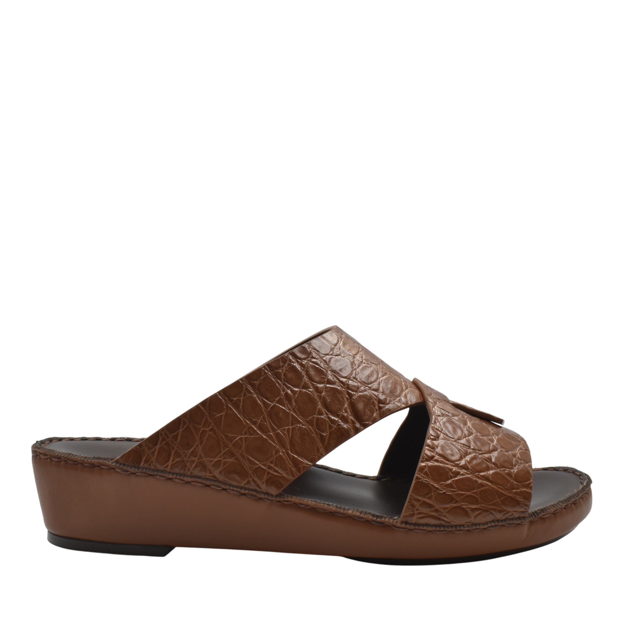 Private Collection brown crocodile sandals for men with textured leather and wedge sole