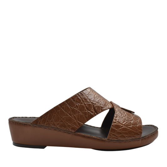Private Collection brown crocodile sandals for men with textured leather and wedge sole