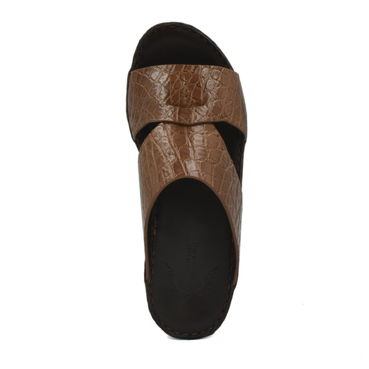 Private Collection brown crocodile sandals for men with textured leather upper and black sole