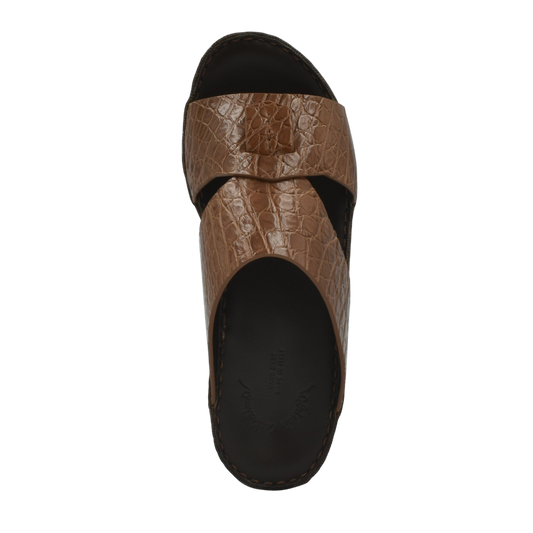 Private Collection brown crocodile sandals for men with textured leather upper and black sole