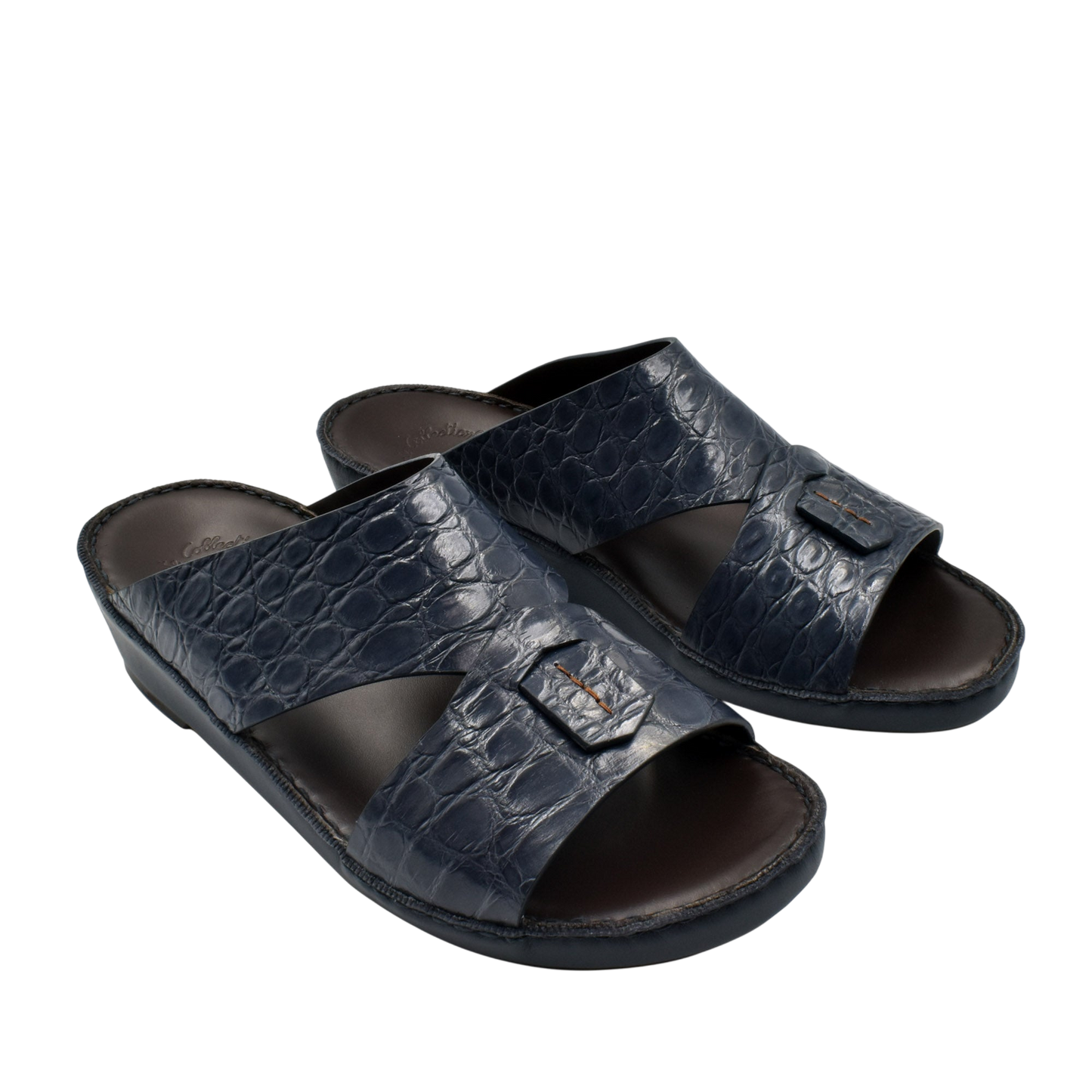 Private Collection crocodile sandals for men in dark blue leather with open toe and buckle detail