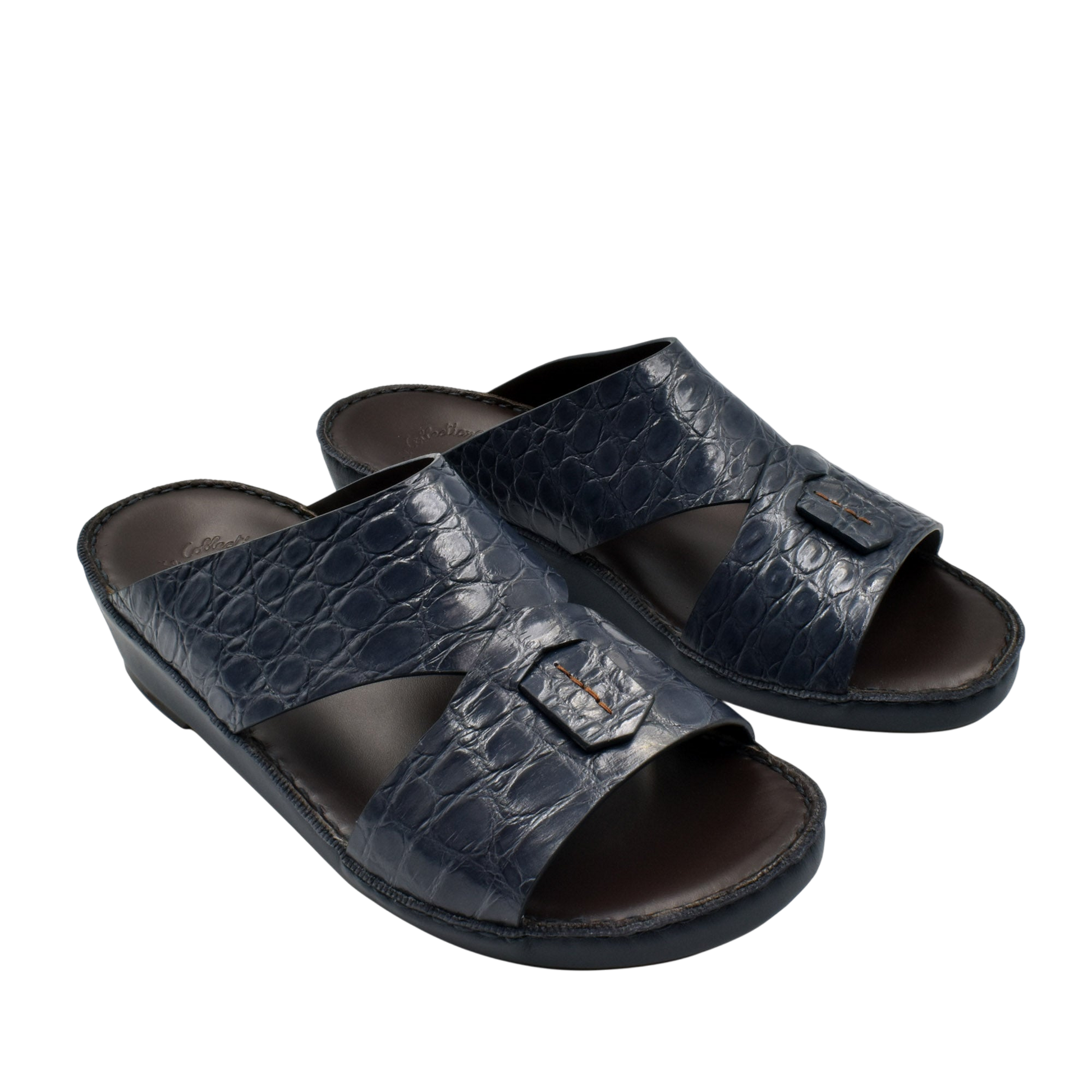 Private Collection crocodile sandals for men in dark blue leather with open toe and buckle detail
