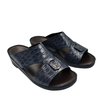 Private Collection crocodile sandals for men in dark blue leather with open toe and buckle detail
