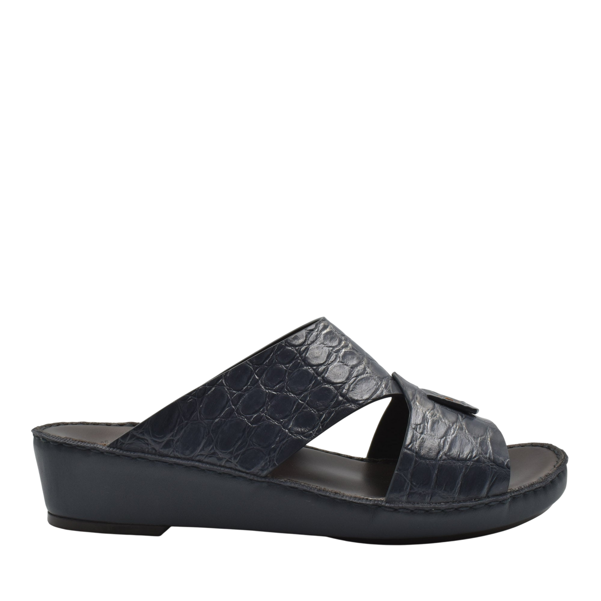 Black crocodile sandals for men with open toe and comfortable wedge sole from Private Collection