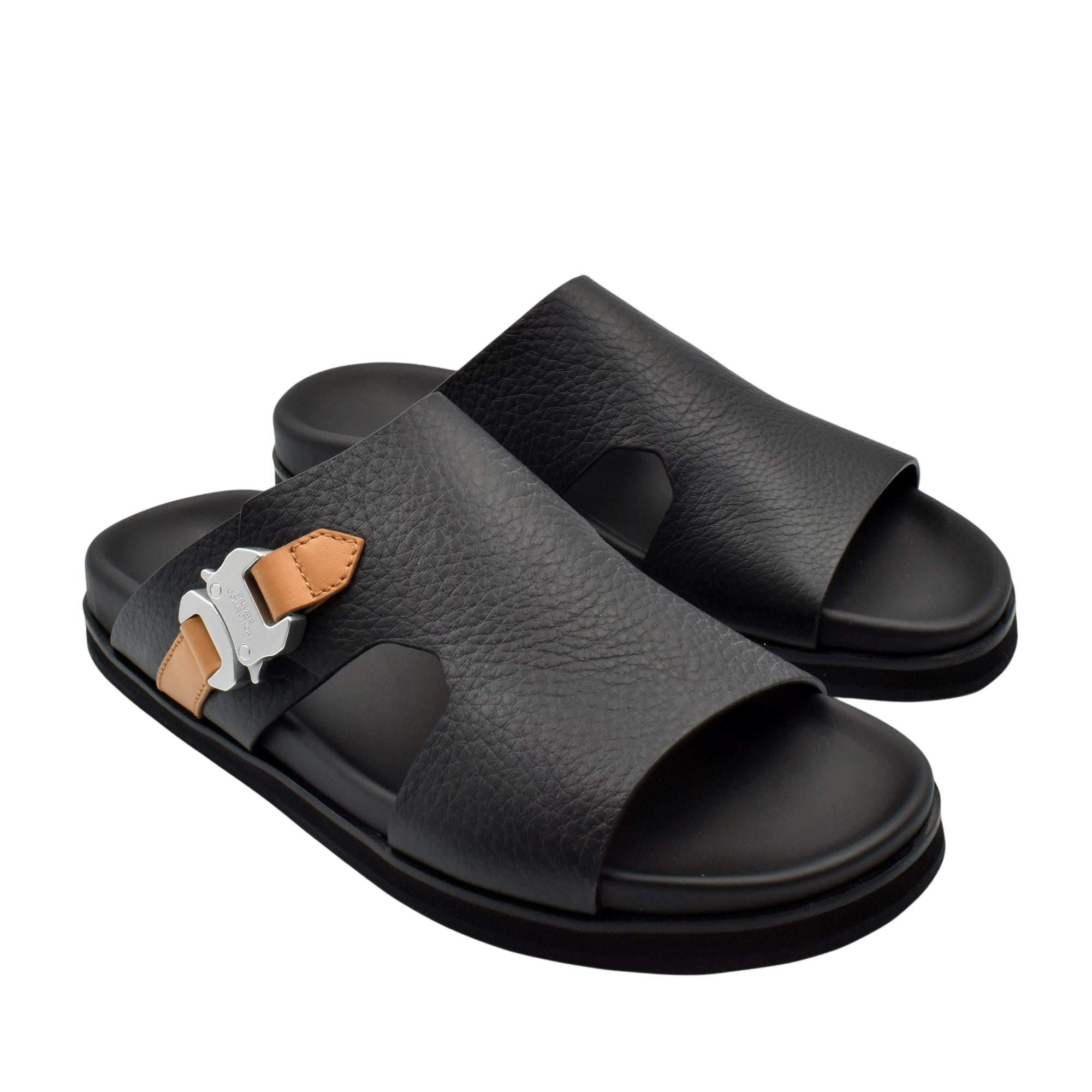 Private Collection black deercalf contrast sandal with tan and silver buckle on side