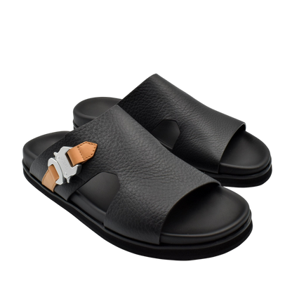 Private Collection black deercalf contrast sandal with tan and silver buckle on side