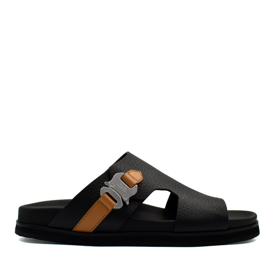 Private Collection black and brown deercalf contrast sandal with buckle detail and open toe design