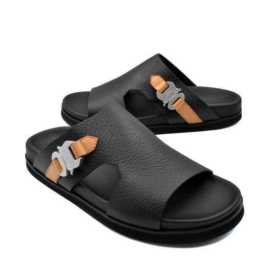 Private Collection black deercalf contrast sandal with tan strap and silver buckle on white background