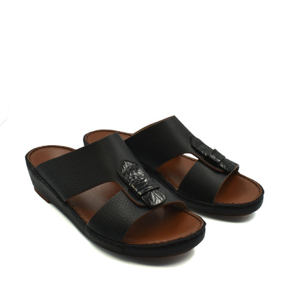 Black Deercalf Croco footwear open-toe slip-on sandals with textured straps and cushioned sole