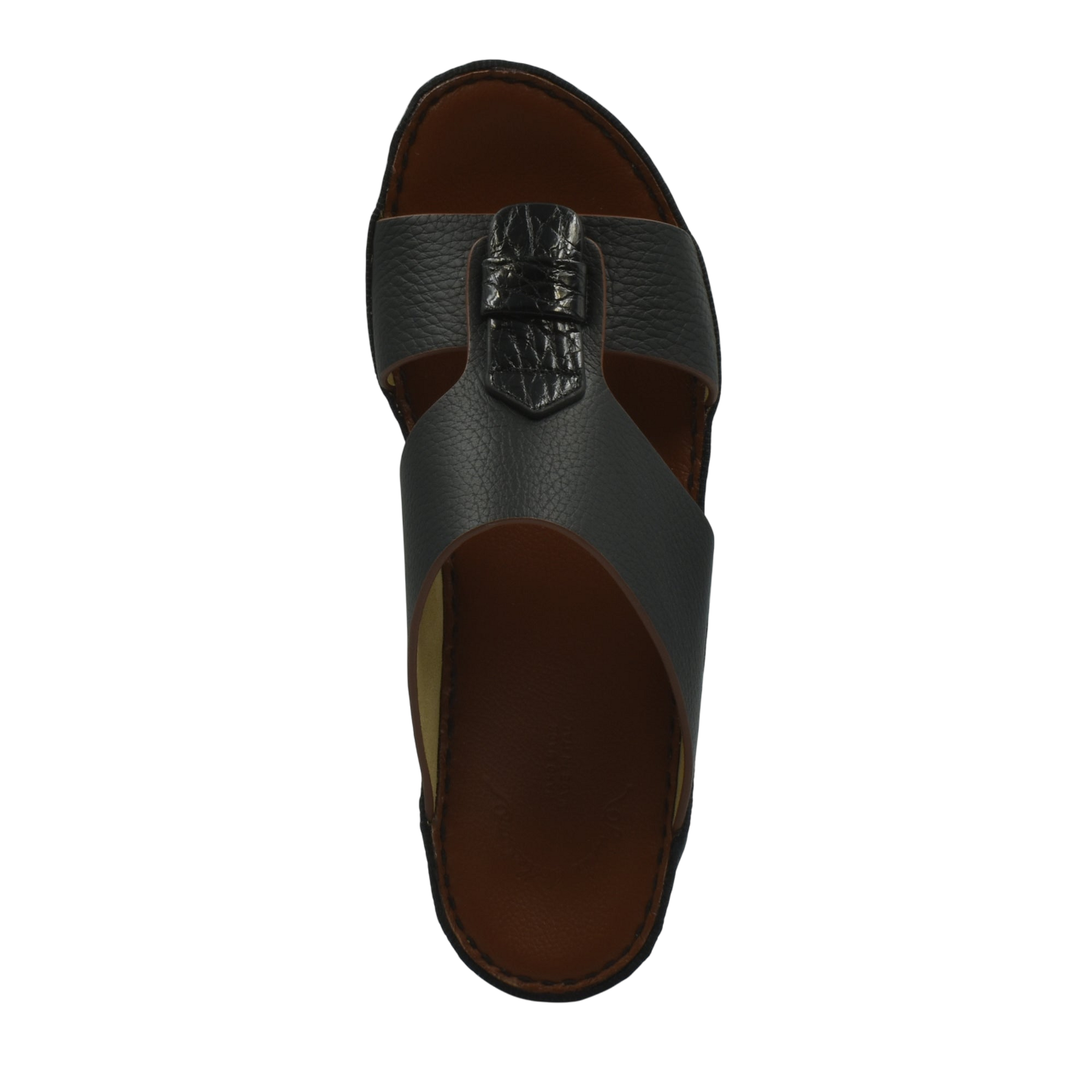 Top view of black Deercalf Croco footwear sandal with textured leather straps and comfortable brown insole