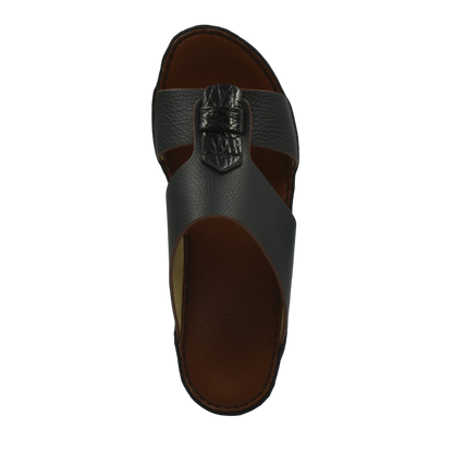 Top view of black Deercalf Croco footwear sandal with textured leather straps and comfortable brown insole