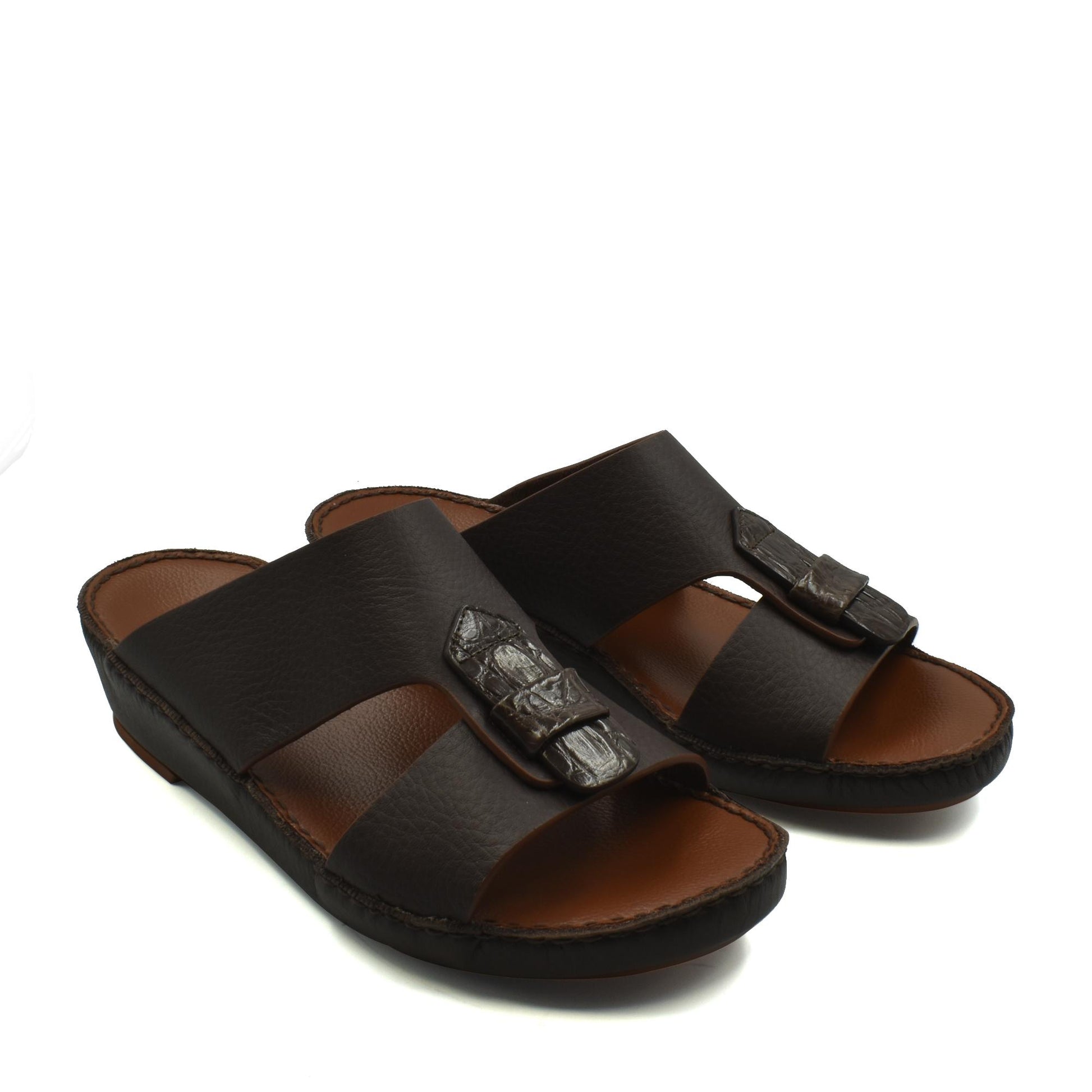 Pair of black Deercalf Croco footwear sandals with croco leather buckle detail from Private collection