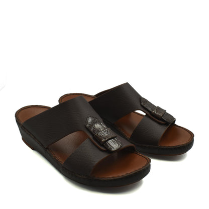 Pair of black Deercalf Croco footwear sandals with croco leather buckle detail from Private collection