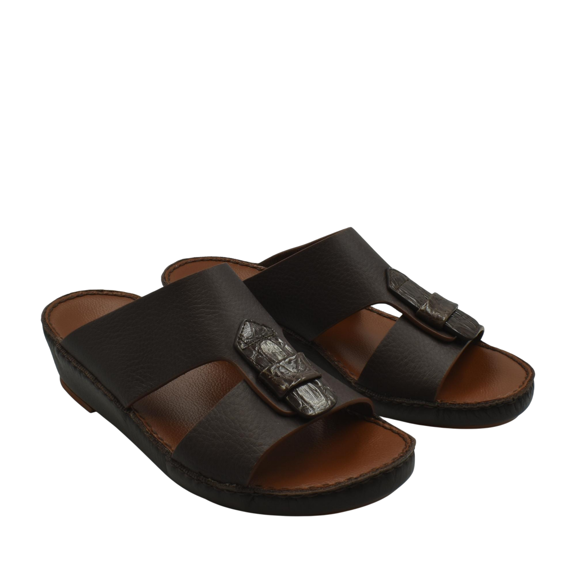 Pair of black Deercalf Croco footwear sandals with croco leather buckle detail from Private collection