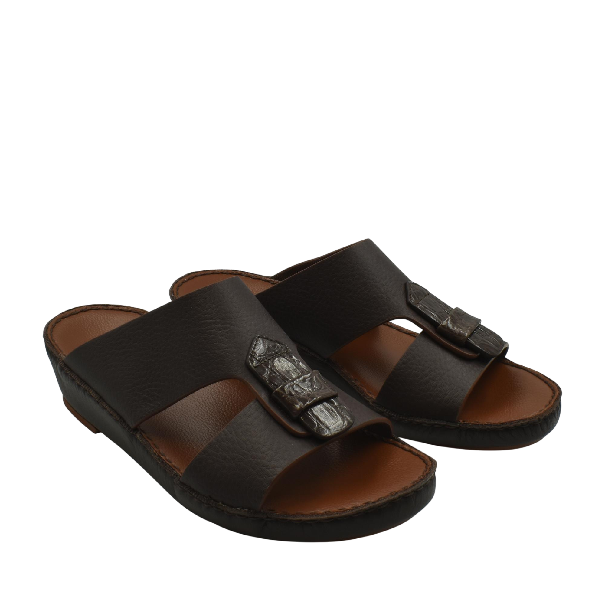 Pair of black Deercalf Croco footwear sandals with croco leather buckle detail from Private collection