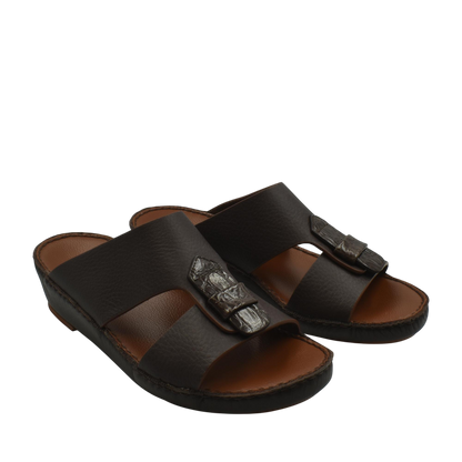 Pair of black Deercalf Croco footwear sandals with croco leather buckle detail from Private collection