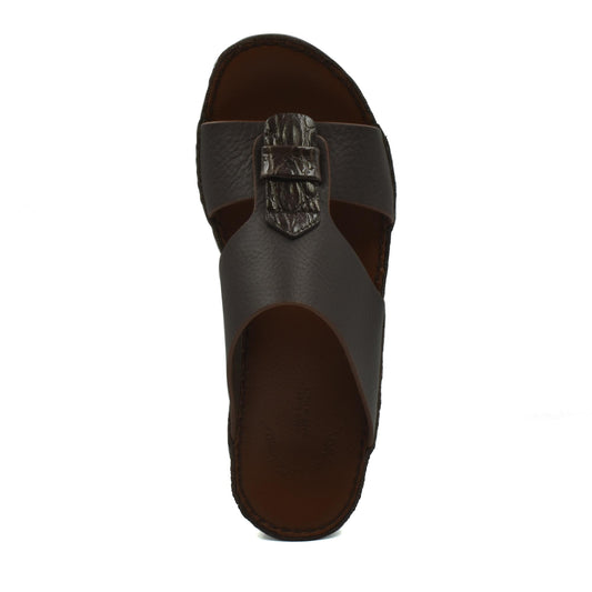 Top view of brown Deercalf Croco footwear sandal with buckle strap from Private collection
