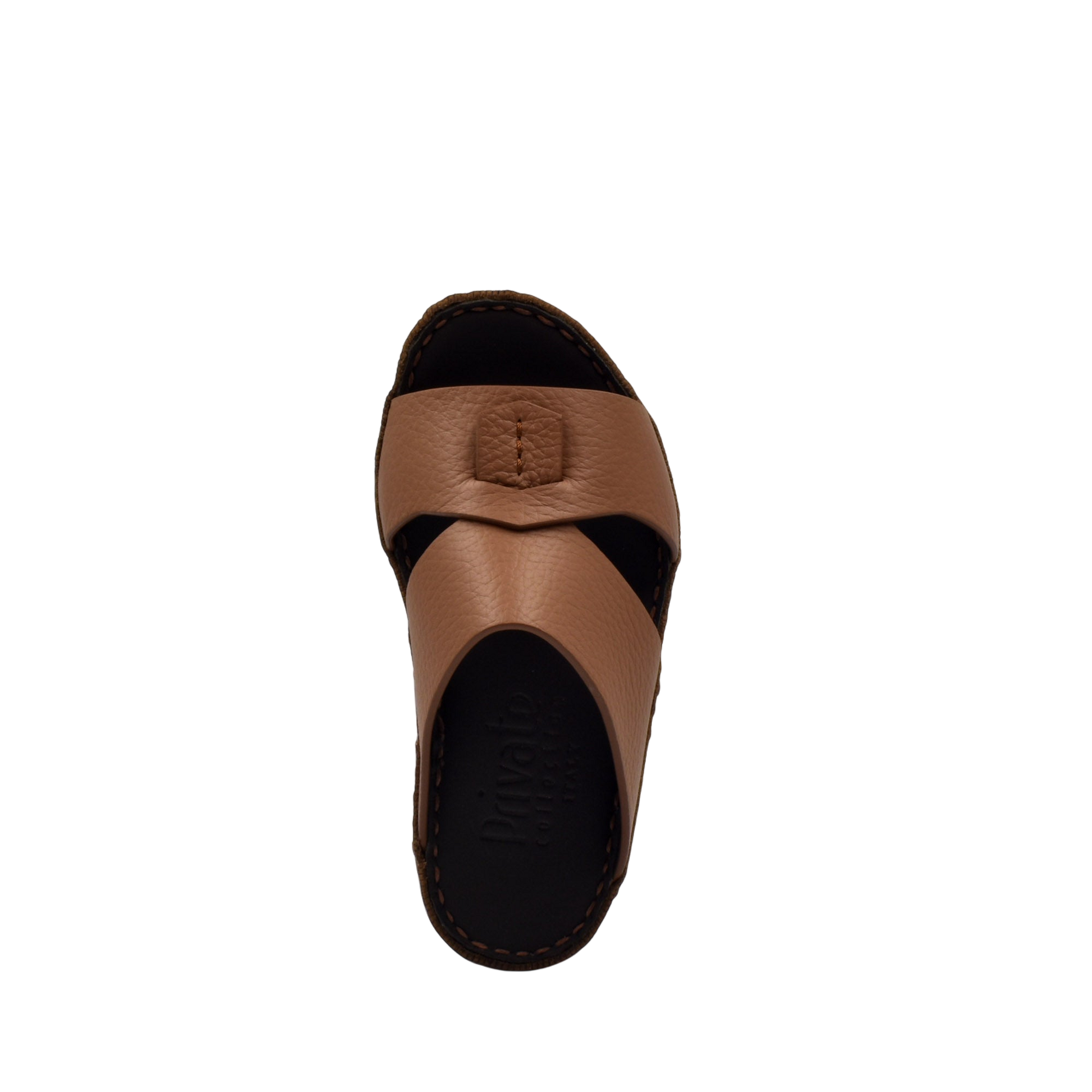 Top view of brown deercalf kids sandals with adjustable strap and stitched sole