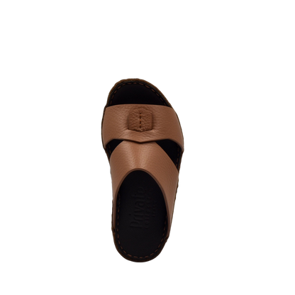 Top view of brown deercalf kids sandals with adjustable strap and stitched sole