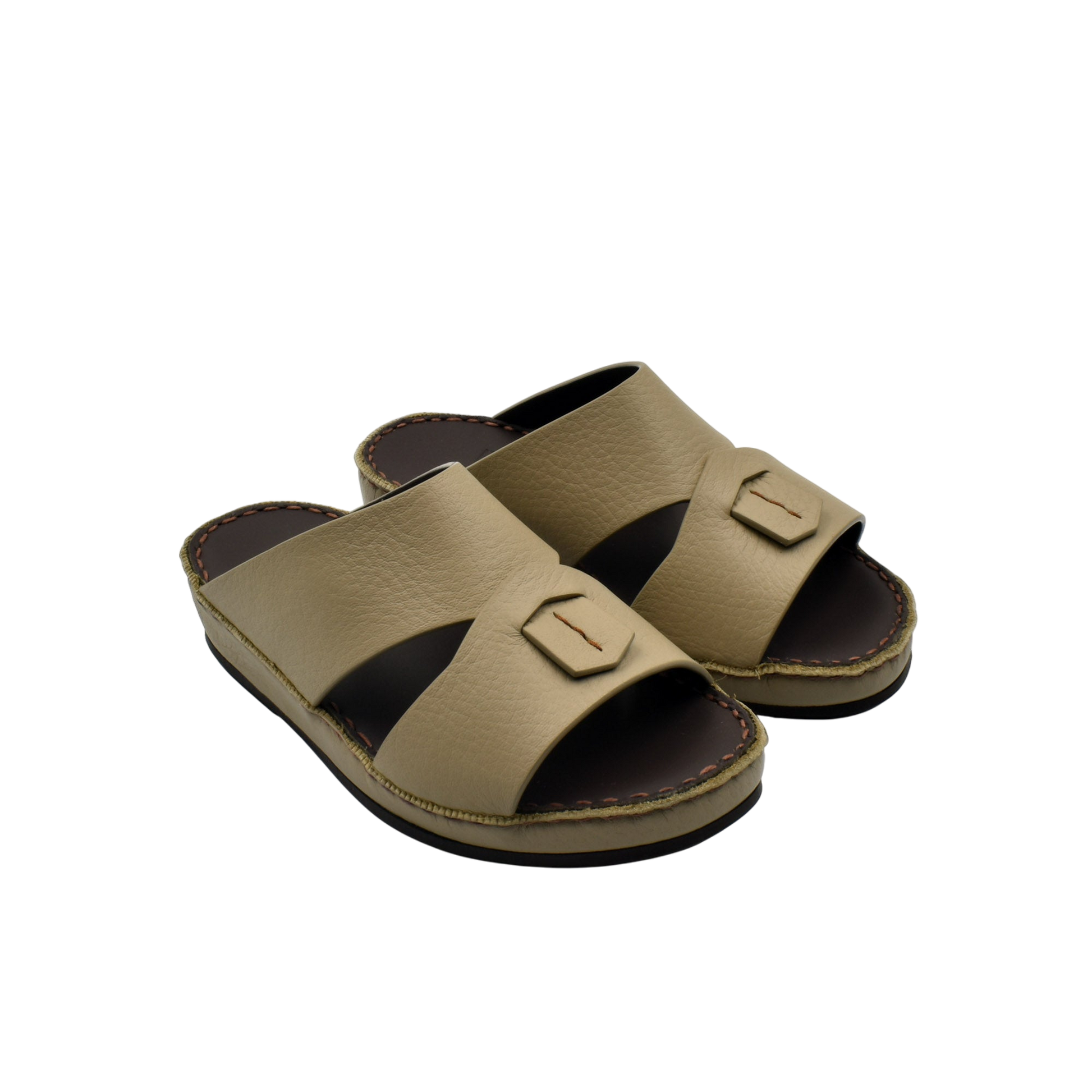 Tan deercalf kids sandals with open toe and adjustable buckle strap on a white background