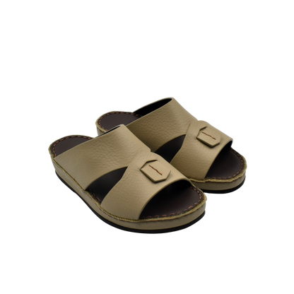 Tan deercalf kids sandals with open toe and adjustable buckle strap on a white background