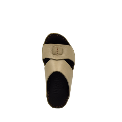 Beige deercalf kids sandals with cushioned black sole and adjustable strap for comfort