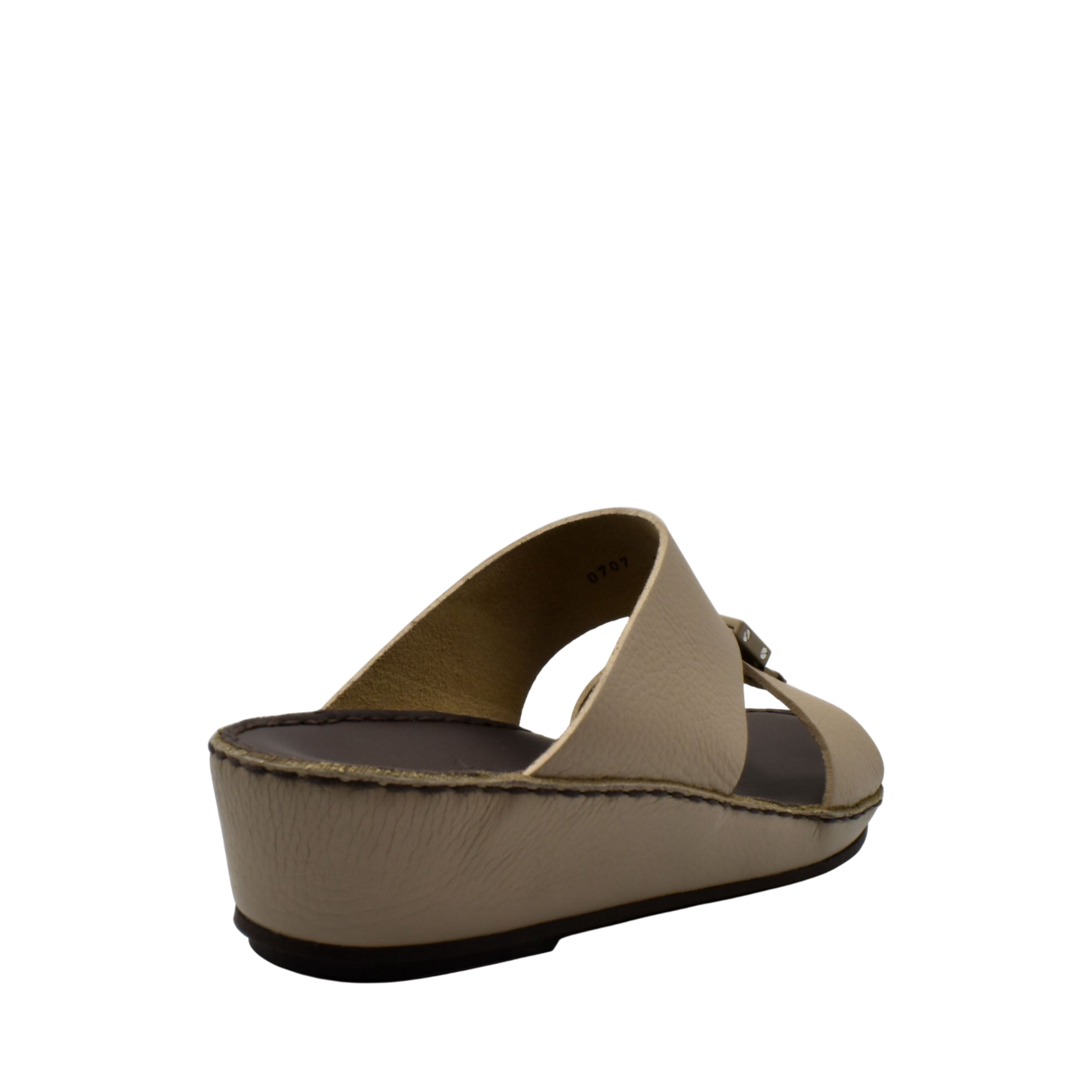 Beige deercalf leather sandals with wedge sole and adjustable buckle strap from Private collection