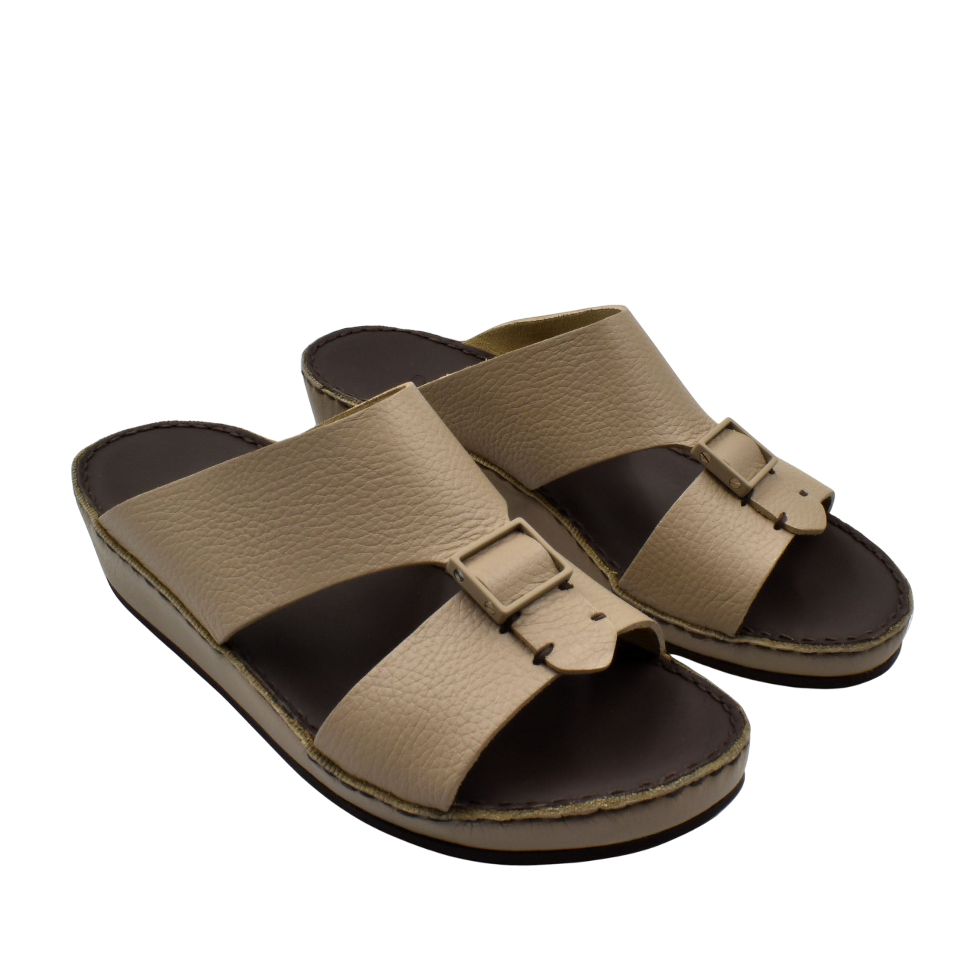 Brown deercalf leather sandals with adjustable buckle straps and cushioned sole