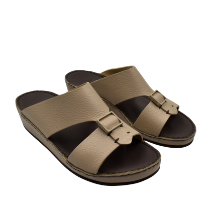 Brown deercalf leather sandals with adjustable buckle straps and cushioned sole