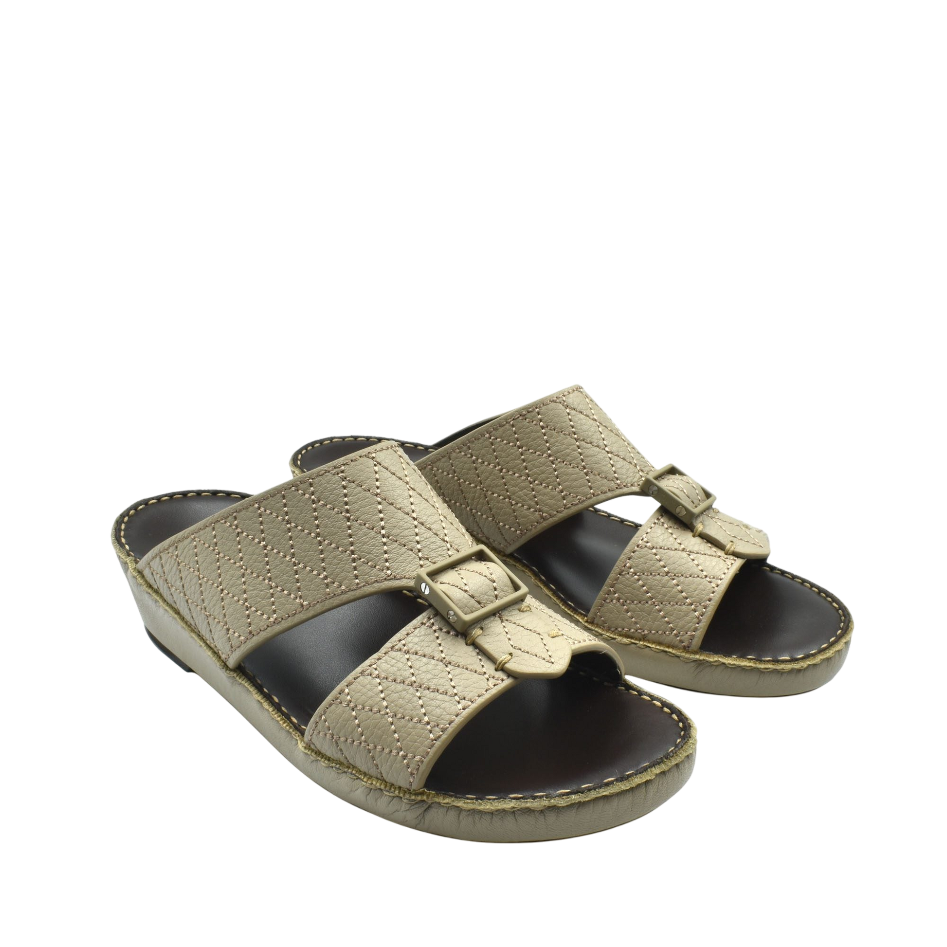 Beige deercalf leather sandals with quilted straps and adjustable buckles for comfortable wear