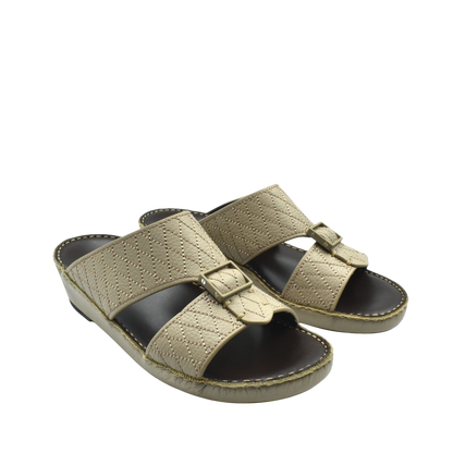 Beige deercalf leather sandals with quilted straps and adjustable buckles for comfortable wear