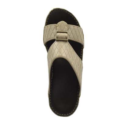 Beige deercalf leather sandals with stitched detailing and adjustable buckle strap for comfort